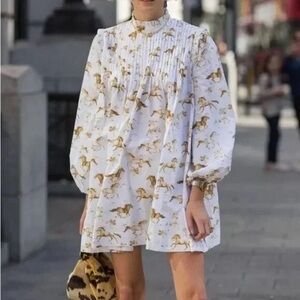 Ganni White and Gold Horse Print Long Sleeve Dress